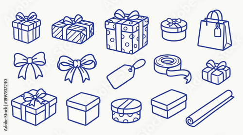 Foto A collection of hand-drawn illustrations of various gift boxes, bows, gift tags, ribbon, and a gift bag, all in a simple blue outline style on a light background