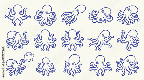 A charming collection of 15 hand-drawn blue ink illustrations of octopuses in various playful poses on a textured cream background.
