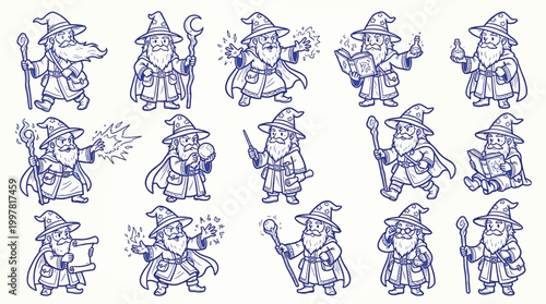 A collection of charming hand-drawn cartoon wizards in various magical poses and actions, showcasing different expressions and magical effects.