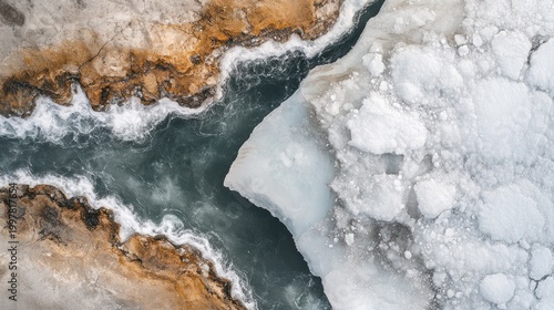 Aerial view of icy river flowing through rocky terrain