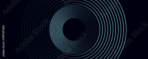 Blue abstract background with glowing circles. Swirl circular lines pattern. Geometric spiral. Twirl element. Modern graphic design. Futuristic technology concept.