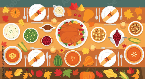 Photos A colorful Thanksgiving table with abundant food and fall decorations