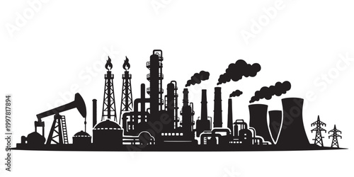 Industrial factory silhouette vector, oil refinery and power plant skyline, black manufacturing facility with smoke stacks and oil pump jack