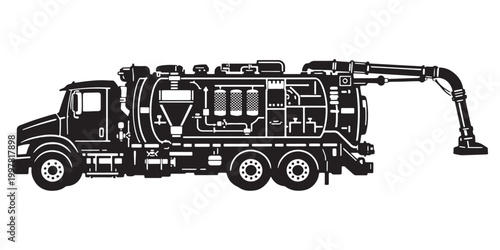 Industrial vacuum truck vector illustration, black and white sewer cleaner vehicle icon, heavy duty hydro excavation truck for municipal maintenance