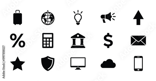 Minimalist business icon set, 15 black solid web symbols, corporate finance and technology vector elements for interface design
