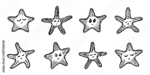 Set of hand drawn happy funny cute starfish Tropical marine animal Underwater world sea life ocean For design, kids print, kids books, nursery decor, coloring pages