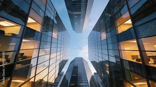 Futuristic Glass Skyscrapers Looking Up in Financial District with Blue Sky Corporate Growth Concept Cinematic View