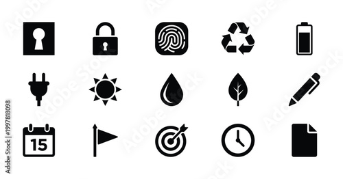 Minimalist black icon set, 15 universal vector symbols for web and mobile UI, flat solid silhouette graphics for business and technology applications