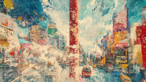 Abstract NYC street scene with vibrant colors and mixed media