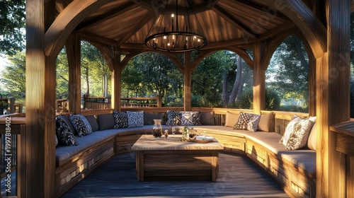 Wooden gazebo seating area with a circular bench, drinks and sunlight, peaceful garden view