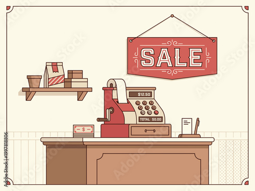 A cashier operates a vintage register under a sale sign in a store.