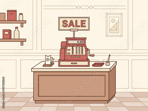 A cash register sits on a counter in a store with a sale sign.