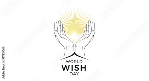 Line art illustration featuring open hands releasing a starburst with a magical wish concept, set against a clean white background for World Wish Day, embodying hope and dreams