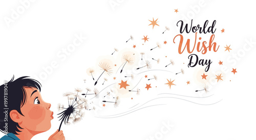 A dreamy illustration for World Wish Day features a child blowing a dandelion, sending wishes into a magical night sky filled with glowing stars and sparkles, with a hopeful future concept