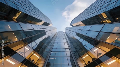 Futuristic Glass Skyscrapers Looking Up in Financial District with Blue Sky Corporate Growth Concept Cinematic View