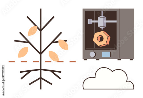 Sustainability, innovation, ecology, 3D printing, manufacturing, technology. A tree with leaves, a 3D printer producing a hexagonal object and a cloud. Sustainability and innovation concept