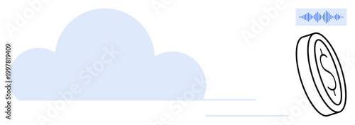 Cloud storage concept. Visual of cloud storage combined with digital coin and sound wave elements. Cloud storage links to digital finance, data sharing, and audio technology. Perfect for fintech