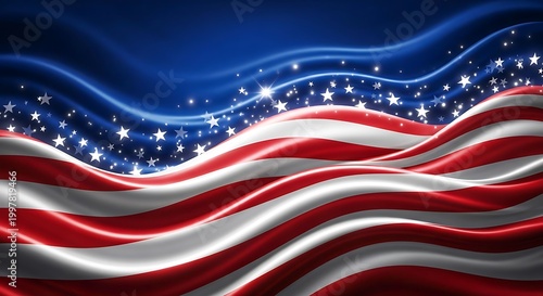 American flag waving in wind with dramatic blue sky and starry background for patriotic celebration