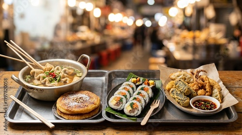 A diverse assortment of Korean street food: fresh gimbap, hot snacks, and traditional soup on the counter.