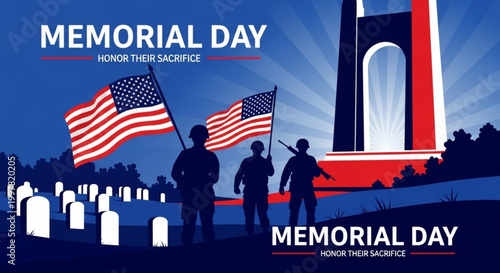 Memorial Day graphic with soldiers and monument for fallen heroes