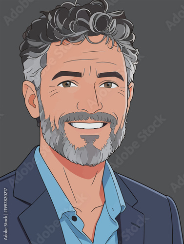 Cartoon character with curly hair and beard wearing a suit and smiling against a gray background