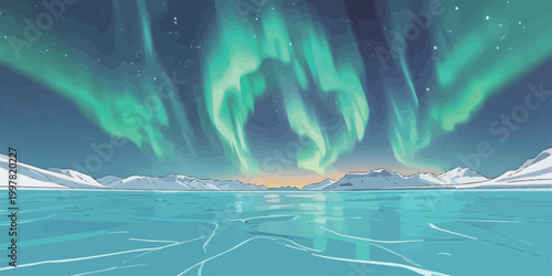 Aurora Borealis Over Frozen Arctic Landscape