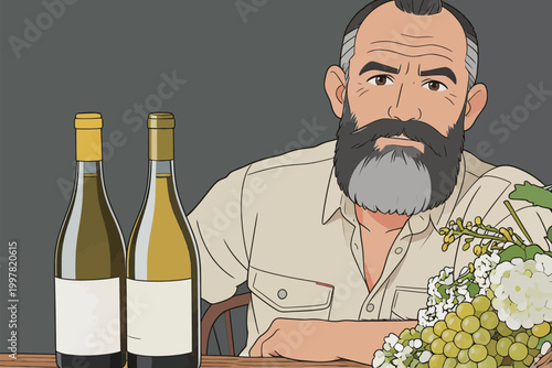 Middle - aged Man with Beard and Wine Bottles