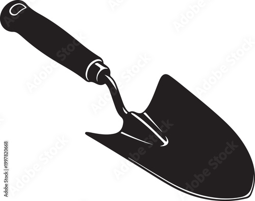 Black hand trowel with wooden handle for gardening tasks Vector, illustration