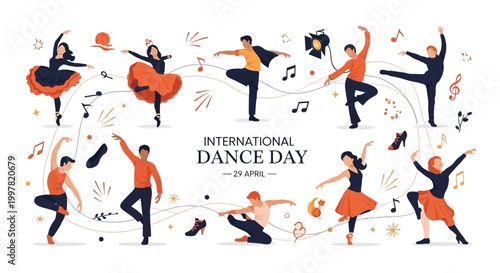 A vibrant vector illustration showcasing diverse dancers in dynamic poses celebrating International Dance Day, arranged around the central text in a circular fashion against a clean white