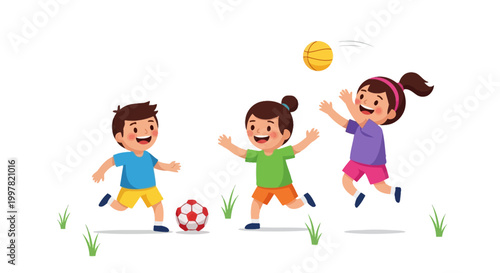 Happy children and a cheerful family play a fun soccer game as a team of cartoon kid athletes kick the ball on the sports field in this vector illustration