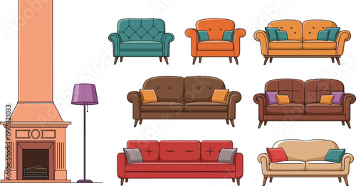 Living Room Furniture Set with Sofas, Armchairs, Fireplace, and Floor Lamp for Cozy Home Interior Design and Modern Decor Illustration