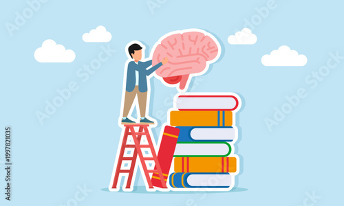 Man climbing ladder to place brain on stack of books illustration of passion for continuous learning and expanding knowledge