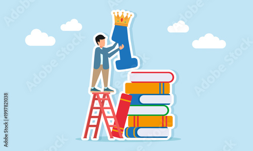 Man climbing ladder to place number one with crown on stack of books illustration of ambition to become expert in a field of knowledge