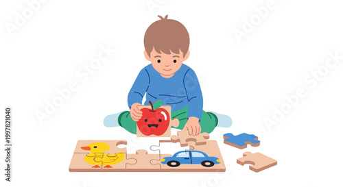 An adorable little toddler boy smiles with happiness while sitting and playing with colorful toys during a fun moment of early childhood education