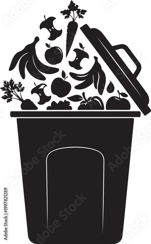 Illustration of a trash bin overflowing with fruit and vegetable scraps Vector, illustration