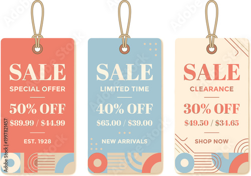 Three colorful sale tags with discounts are hanging from gold strings.