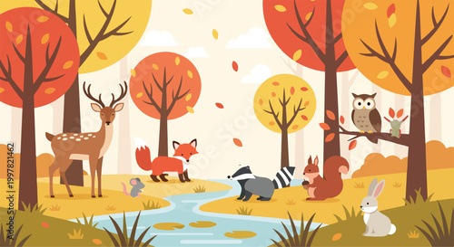 A forest scene with animals and a stream