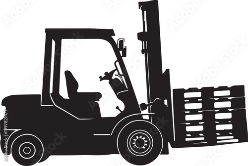Silhouette of a forklift truck carrying a pallet of goods Vector, illustration