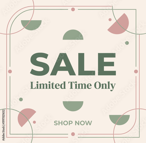A promotional sale advertisement displays geometric shapes and text on a shop now banner.