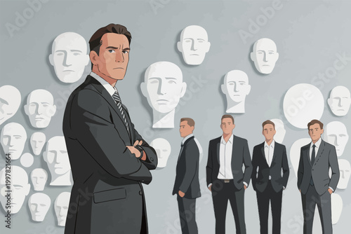 Businessman with identical colleagues and blank faces