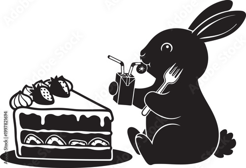 Black and white illustration of a rabbit enjoying a slice of cake with a drink Vector, illustration
