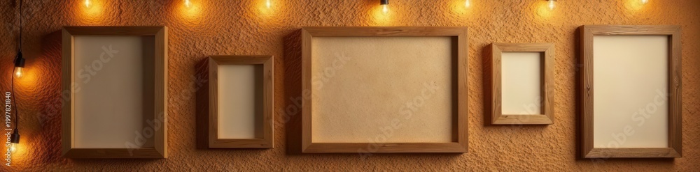 Fototapeta premium Rustic corkboard, framed photos, soft fairy lights, textured backdrop, pinboard, DIY supplies, ambiance