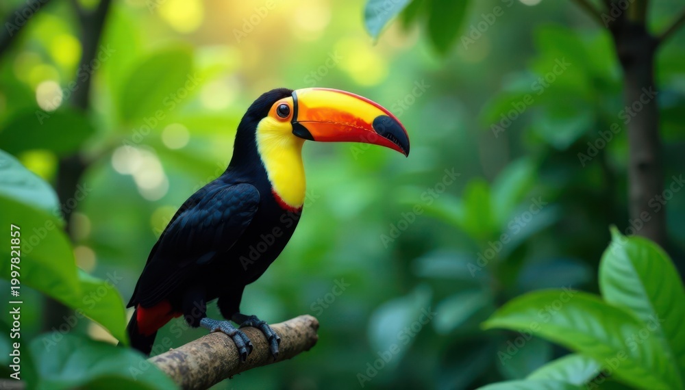 Fototapeta premium Vibrant toucan on lush tropical foliage, summer greeting , illustration, bird
