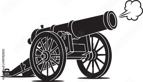 Illustration of an old-fashioned cannon firing a cloud of smoke Vector, illustration