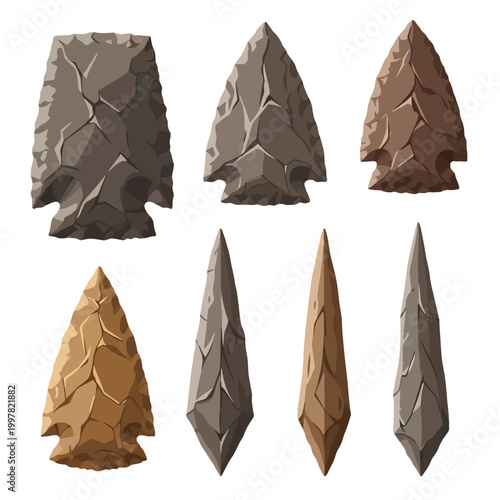 Collection of six prehistoric stone arrowheads and spear points