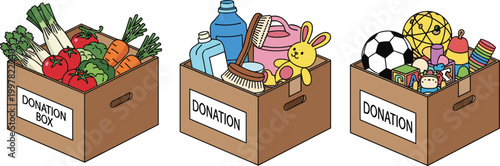 Donation Boxes Collection with Food, Clothes, Toys, and Charity Supplies for Volunteering, Help, and Community Support Illustration