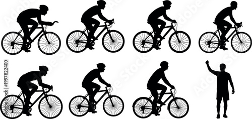 Cyclist silhouette vector set with multiple road biking poses and referee figure, cycling sport icons, outdoor fitness activity illustration collection