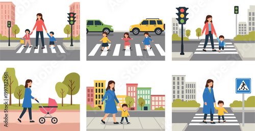 Pedestrian Crossing Safety Collection with Parents and Children Walking at Crosswalk, Traffic Lights, and Urban Street Scenes for Road Safety Illustration