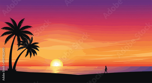 Foto A serene beach at sunset with palm trees and a lone figure