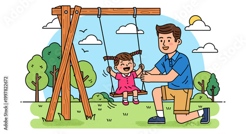 Fotografi A happy father pushes his joyful daughter on a swing in a sunny park playground, enjoying quality time together